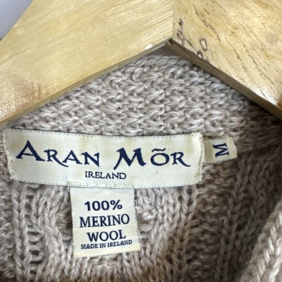 Aran Mor Ireland 100% Merino Wool Cable Knit Cardigan Sweater Women’s M Beige - Picture 3 of 6